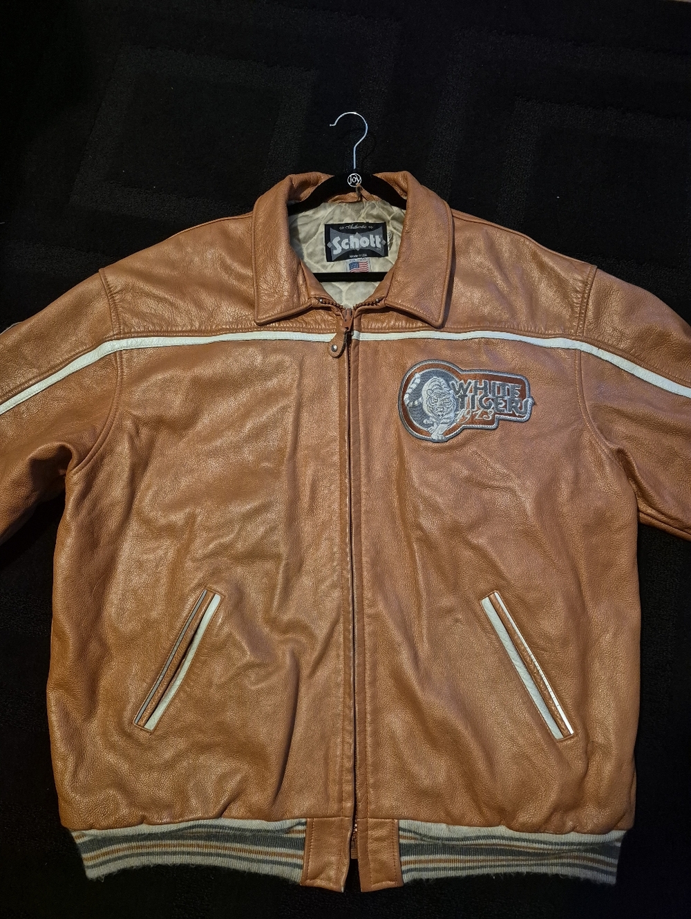 Schott Tan Leather Bomber Jacket with White Tigers Patch